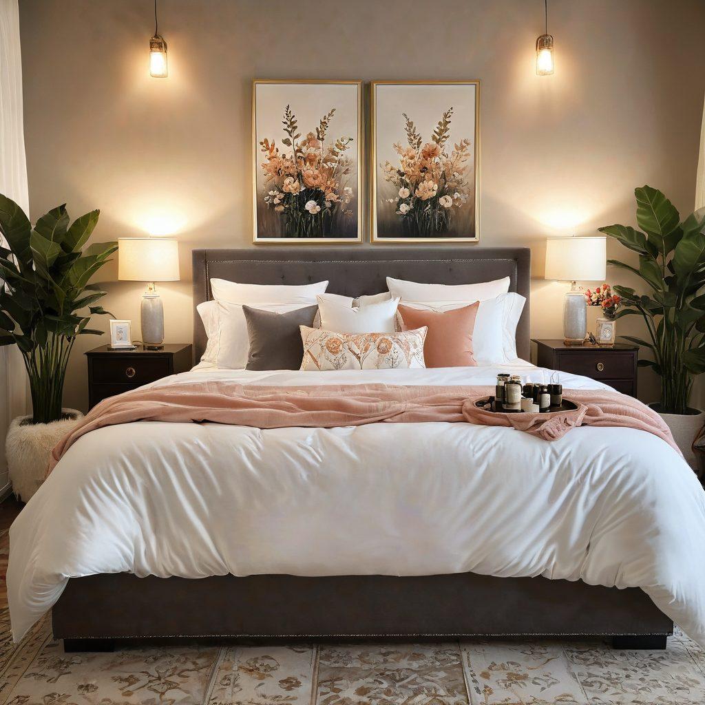 An inviting and serene atmosphere depicting a cozy bedroom setting with soft lighting, featuring a comfortable bed with plush pillows and tasteful decor. Include subtle elements of wellness like candles, essential oils, and a couple enjoying intimate moments with playful interactions. Surrounding the scene, add hints of nature, such as plants or flowers to evoke a sense of tranquility and connection. soft illustration. warm hues. elegant style.