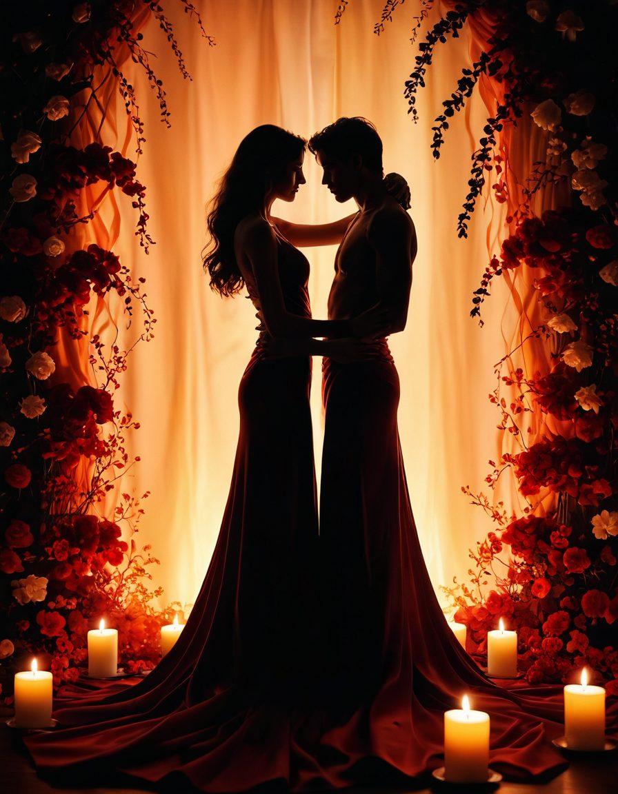 A sensual silhouette of two intertwined figures surrounded by soft, flowing fabrics in warm colors. Dimly lit candles casting a soft glow enhance the intimate atmosphere, while delicate flowers symbolize passion and connection. The background features abstract shapes representing emotional depth and intimacy. super-realistic. warm tones. soft focus.